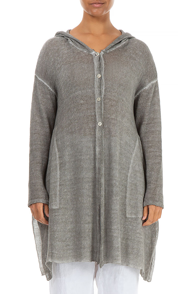 Hooded Washed Effect Grey Linen Cardigan 1