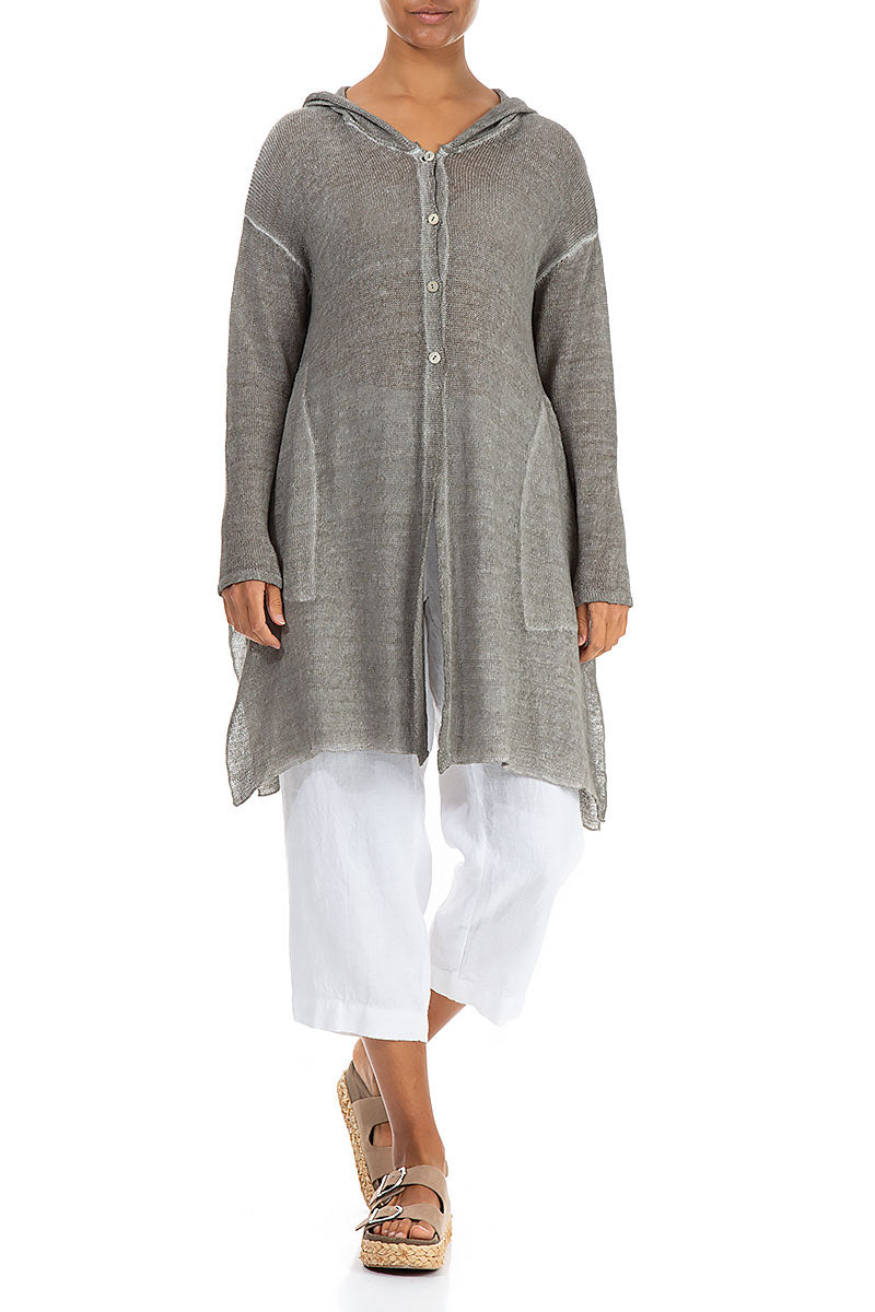 Hooded Washed Effect Grey Linen Cardigan 4