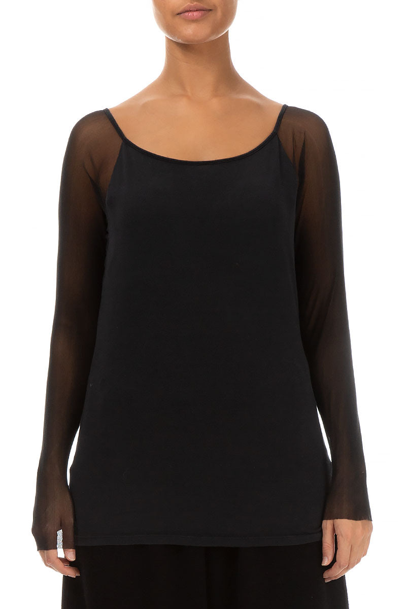 Long Mesh Sleeves Black Cotton Blouse 2
