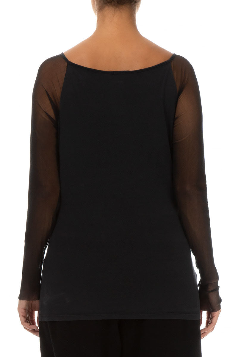 Long Mesh Sleeves Black Cotton Blouse 3