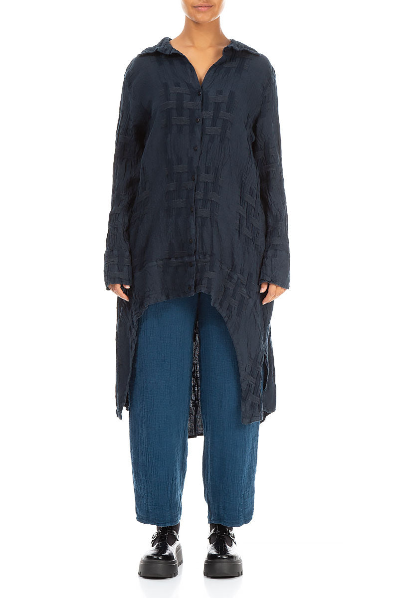 Longer Back Woven Texture Navy Linen Shirt 1