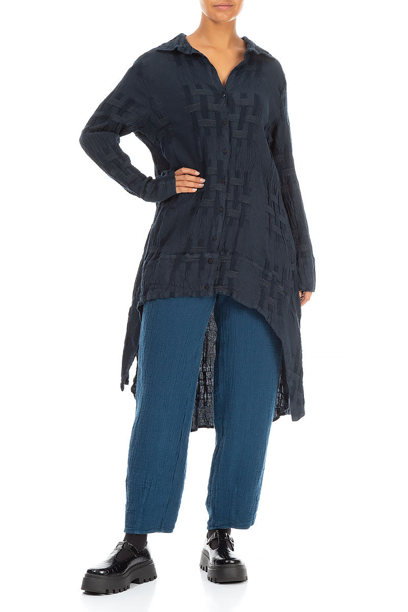 Longer Back Woven Texture Navy Linen Shirt 3