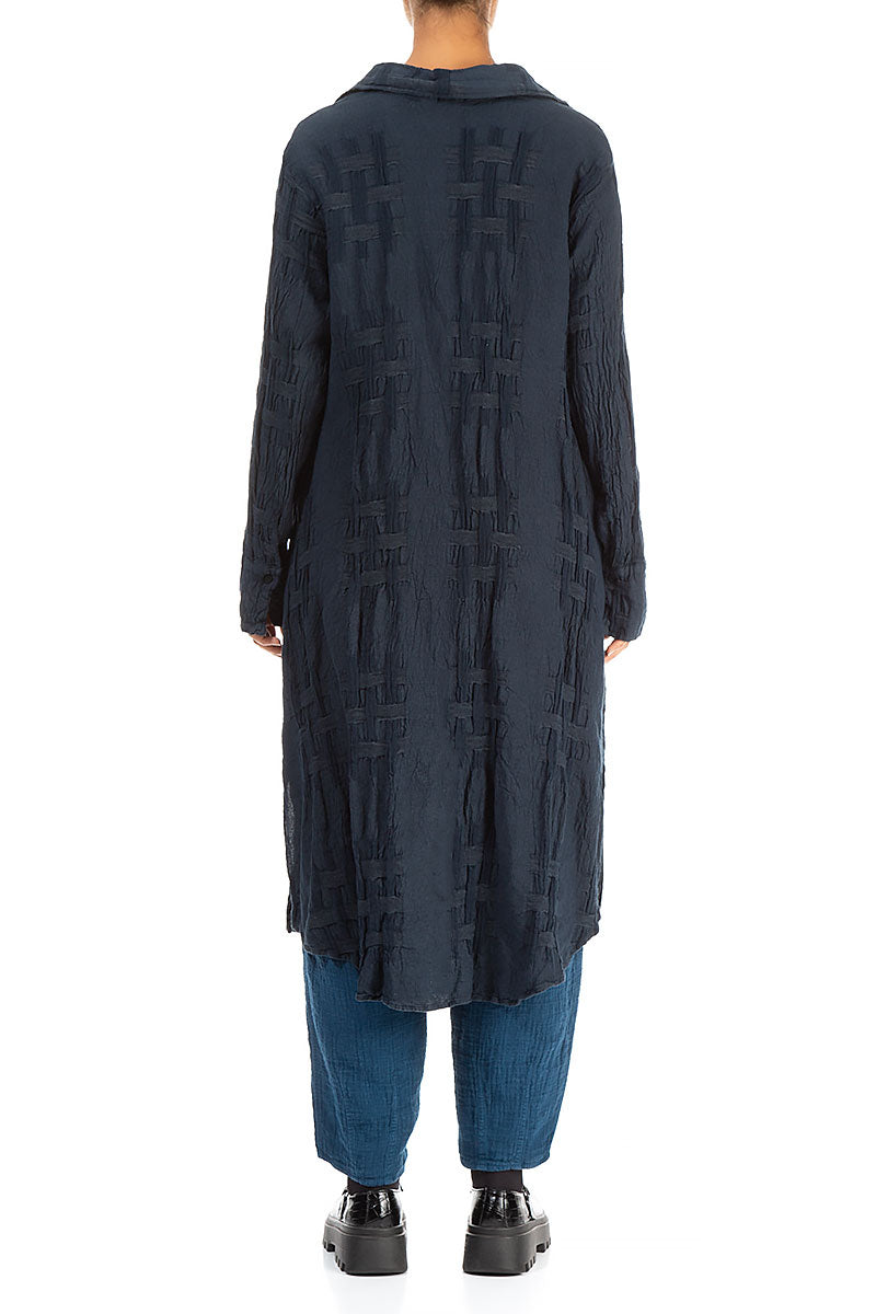 Longer Back Woven Texture Navy Linen Shirt 2