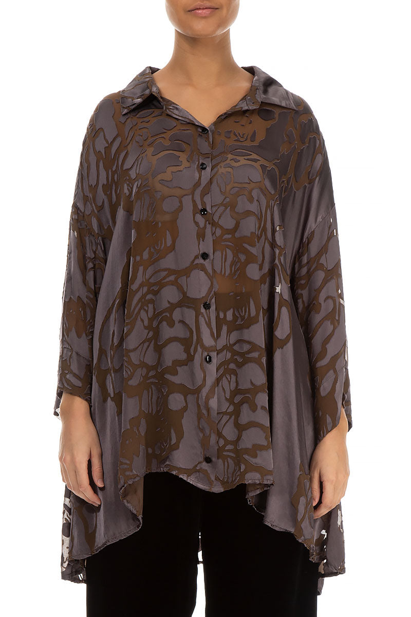 Loose Floral Brown Silk Shirt 1