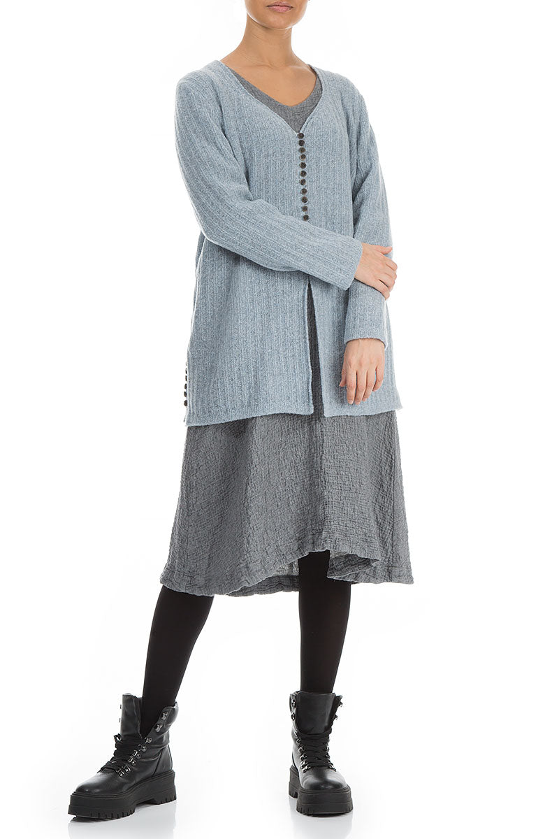 Silver Blue Rib Knit Wool Cardigan 4