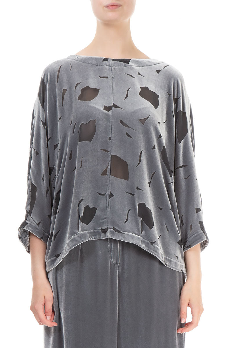 Short Abstract Devoré Silver Silk Velvet Blouse 1