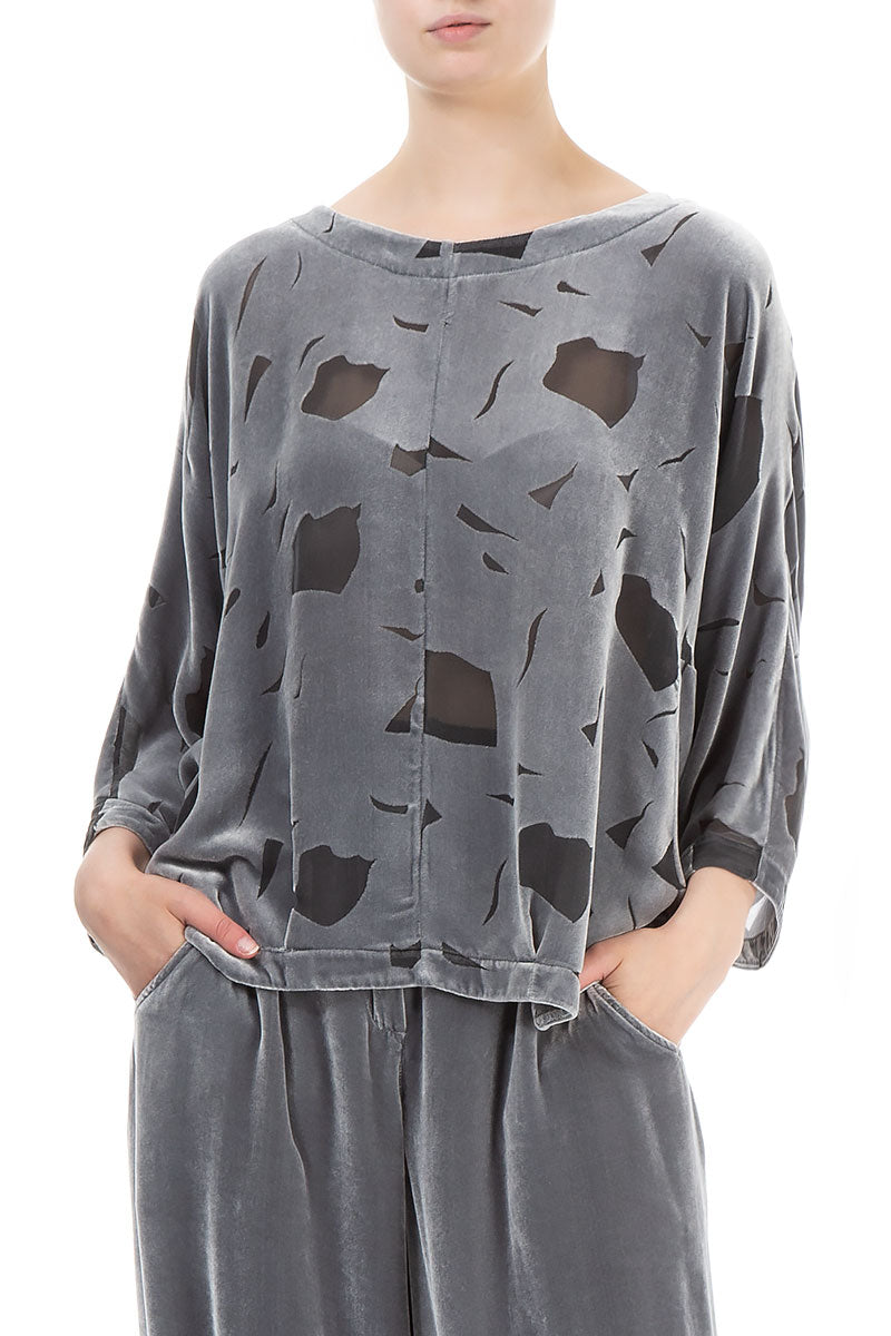 Short Abstract Devoré Silver Silk Velvet Blouse 3
