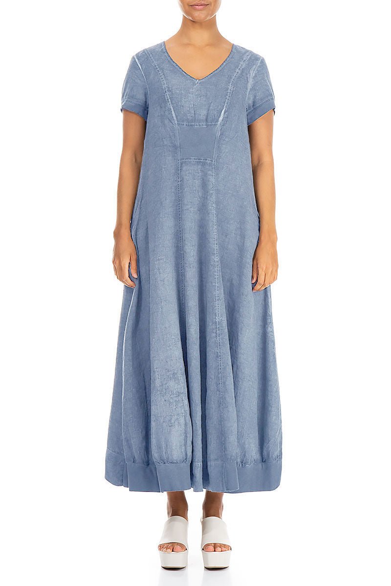 Short Sleeves Washed Out Denim Linen Dress – grizas.com