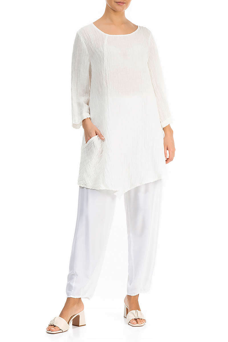 Side Pocket Crinkled Off White Silk Tunic 4
