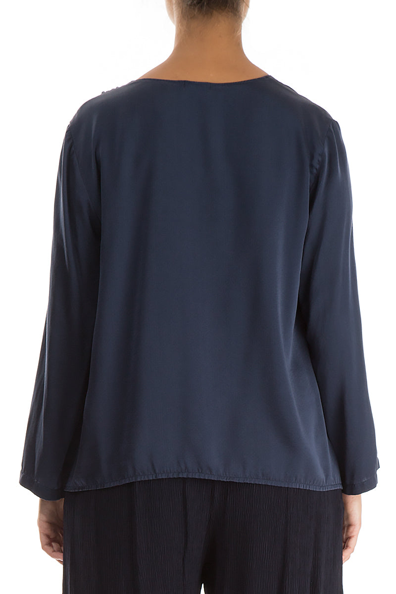 Side Ruffle Navy Purple Silk Blouse 2
