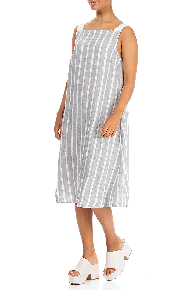 Stripy Grey Linen Midi Dress 4