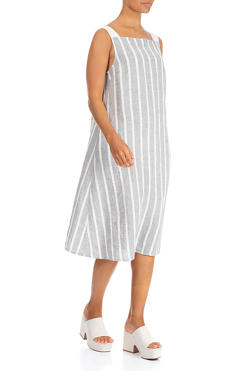 Stripy Grey Linen Midi Dress 5