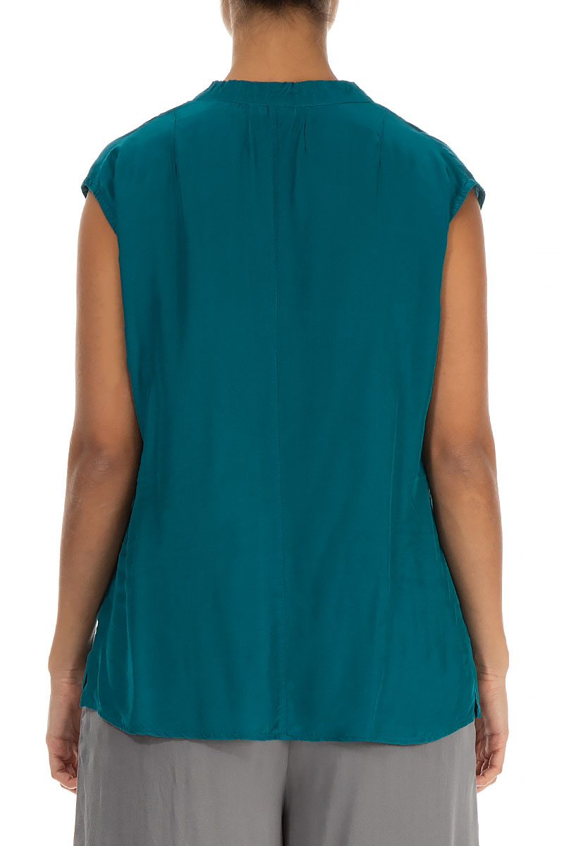 Draped V-Neck Teal Silk Bamboo Blouse 2