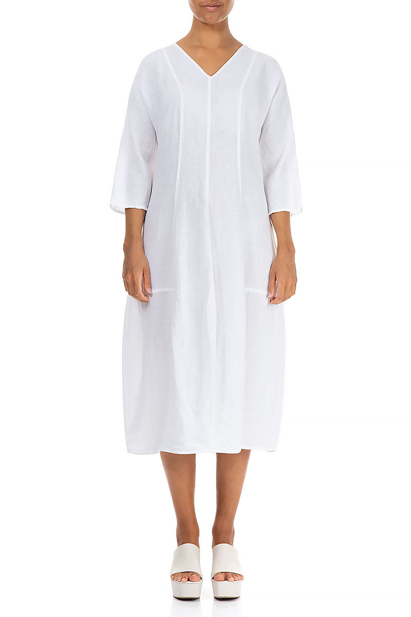 V-Neck Balloon White Linen Dress 1