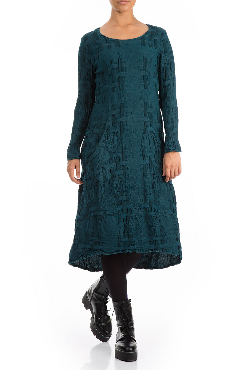Two Pockets Woven Texture Dark Teal Linen Dress 3