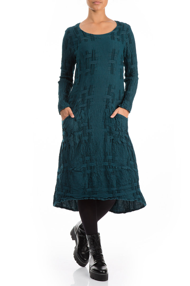 Two Pockets Woven Texture Dark Teal Linen Dress 4
