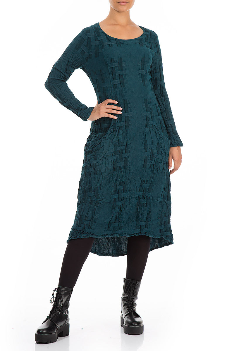 Two Pockets Woven Texture Dark Teal Linen Dress 5