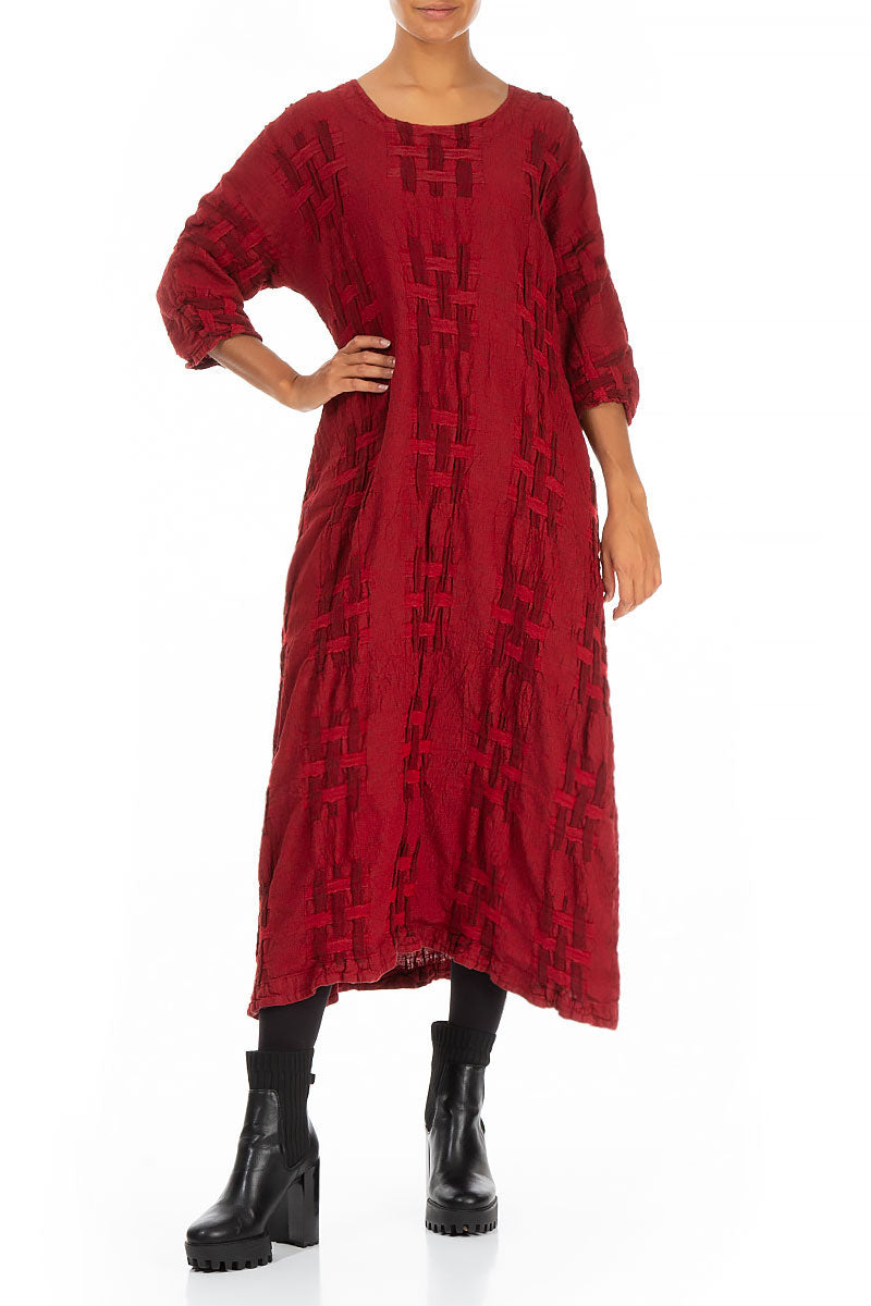 Woven Texture Red Linen Shift Dress 4