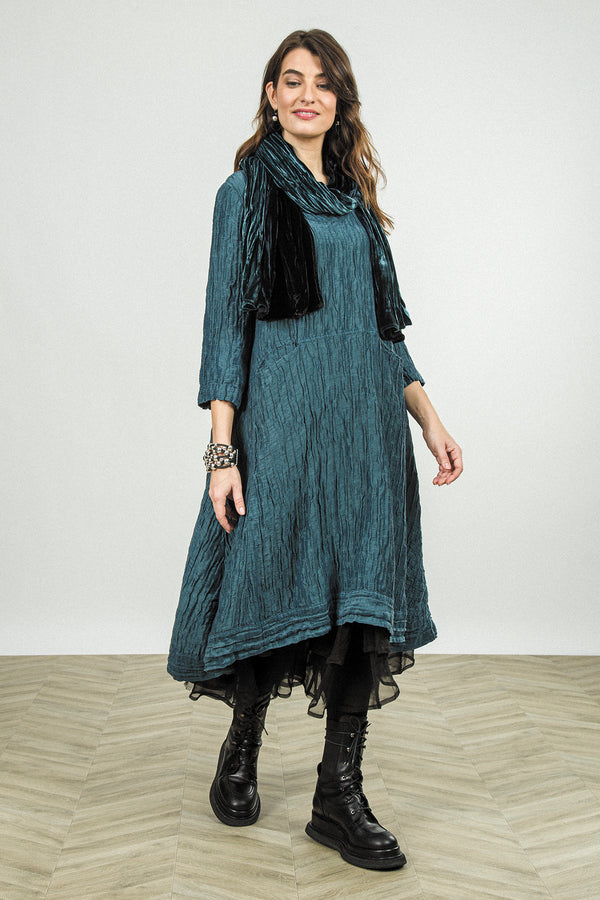 A-Line Deep Turquoise Crinkled Silk Linen Dress 1