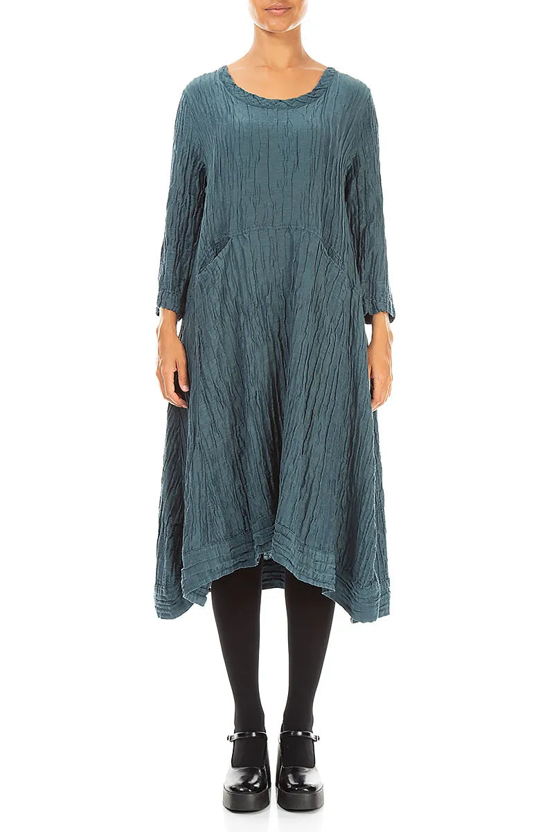 Robe trapèze en Soie Lin Turquoise profond Froissé