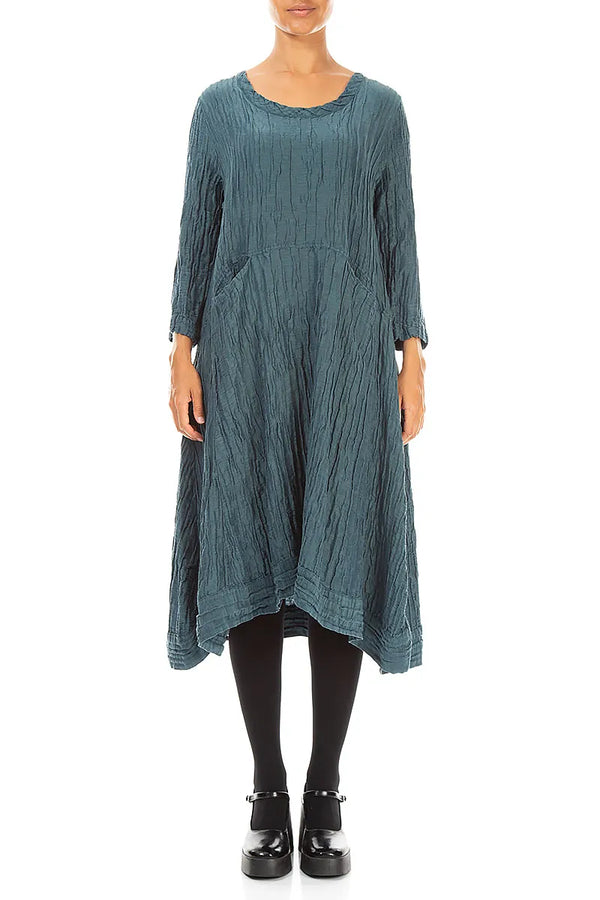 A-Linien-Kleid aus Crinkle-Dunkeltürkisseide und Leinen