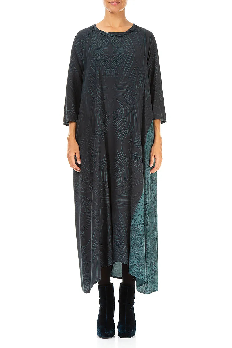 A-Line Peacock Feather Silk Bamboo Maxi Dress 1