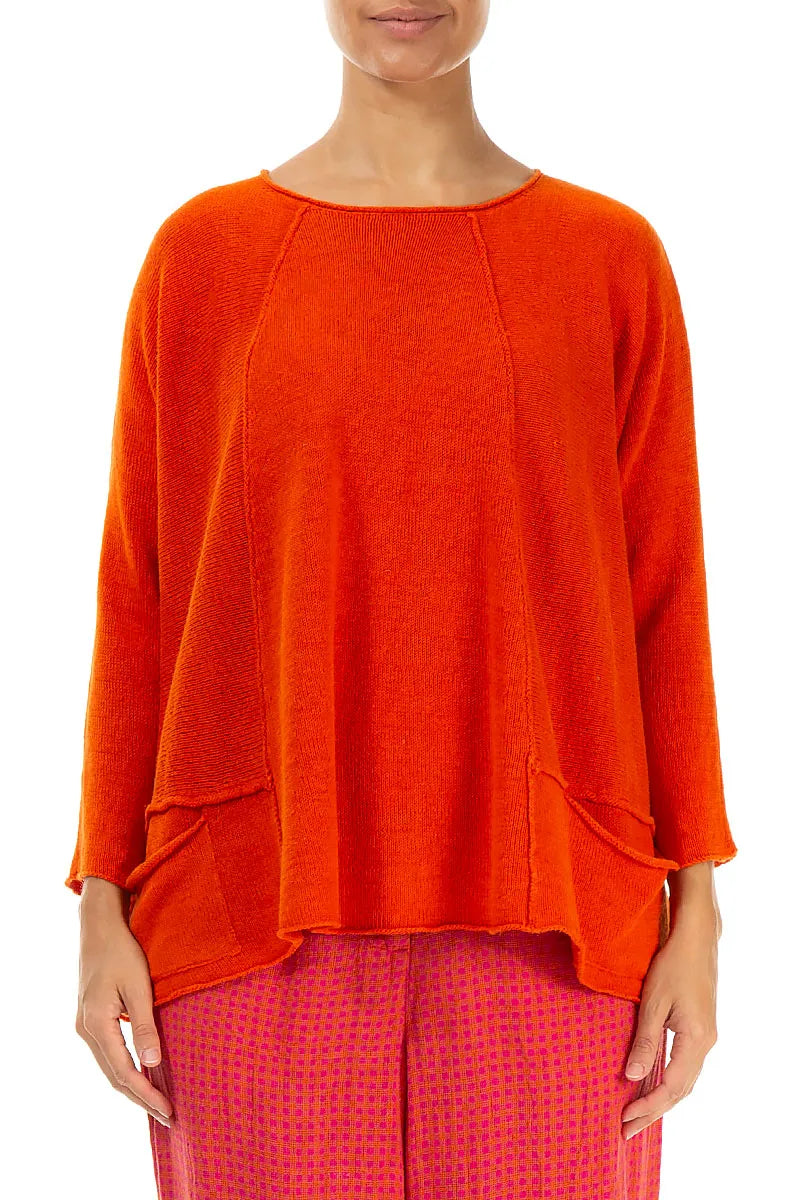 A-Line Two Pockets Flame Orange Linen Jumper 1