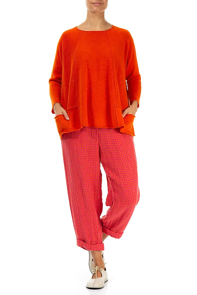 A-Line Two Pockets Flame Orange Linen Jumper 4