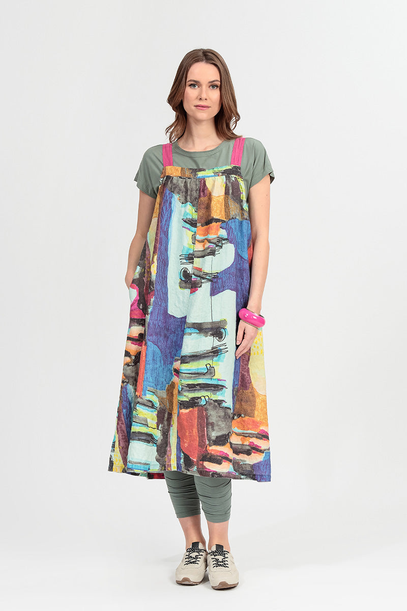 Flared Abstract Linen Pinafore Dress 6