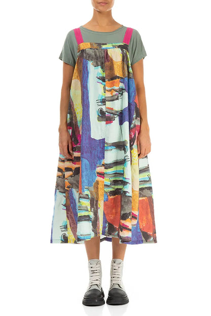 Flared Abstract Linen Pinafore Dress 2