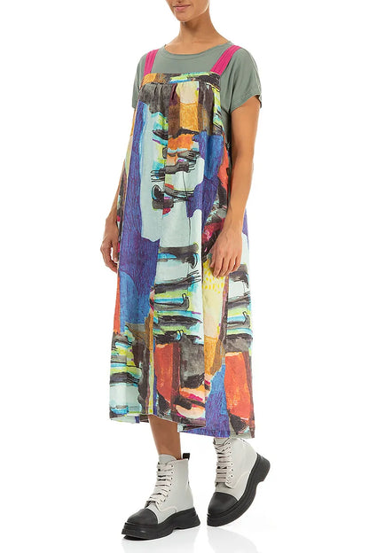 Flared Abstract Linen Pinafore Dress 4