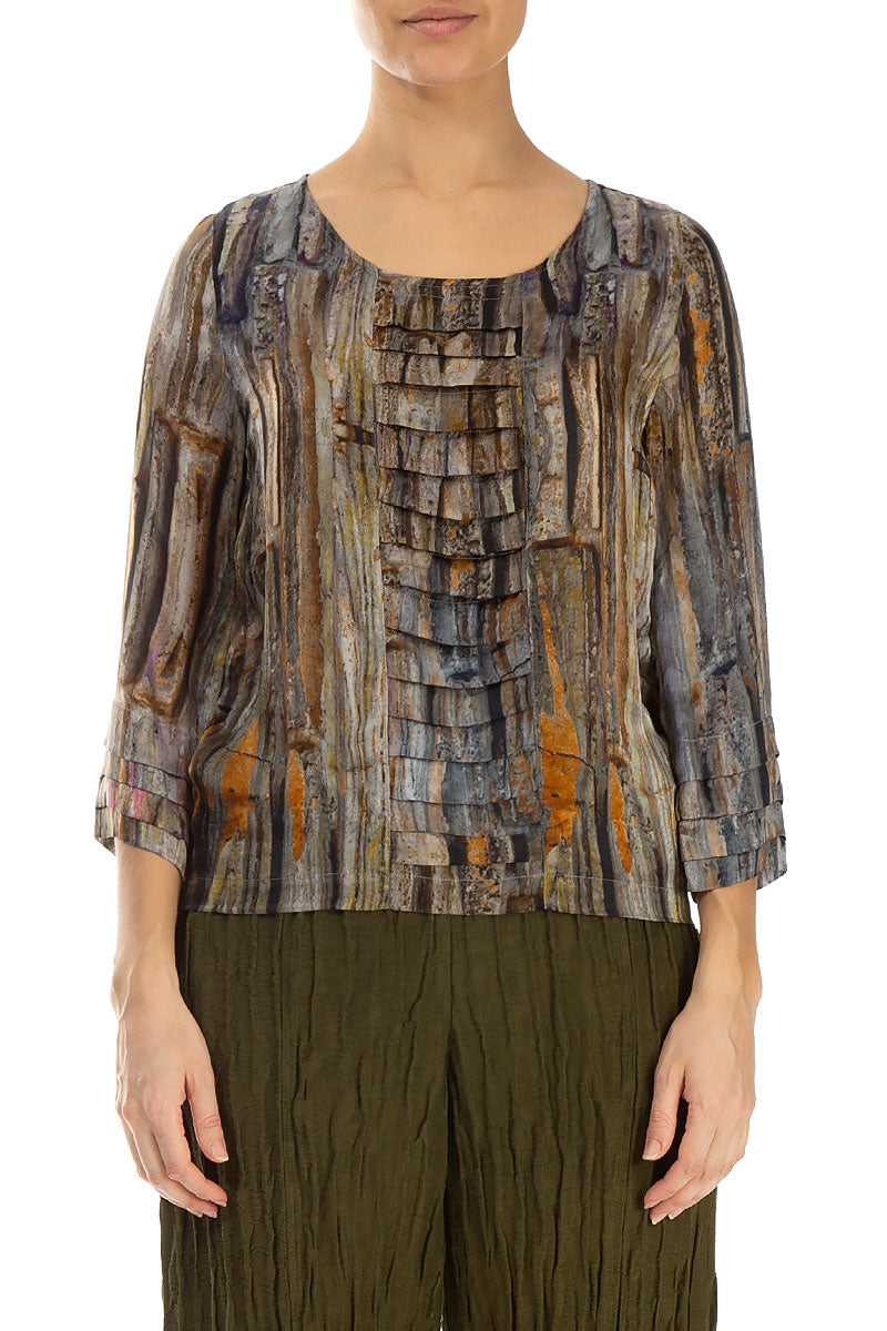 Abstract Woodland Pintuck Silk Blouse 1