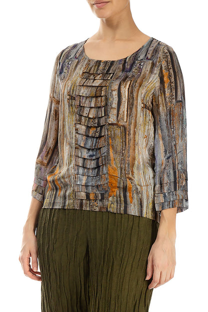 Abstract Woodland Pintuck Silk Blouse 3