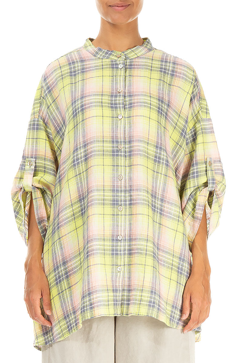 Adjustable Sleeves Checkered Lime Linen Shirt 1