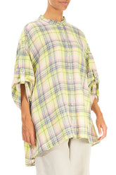 Adjustable Sleeves Checkered Lime Linen Shirt 3
