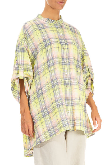 Adjustable Sleeves Checkered Lime Linen Shirt 3
