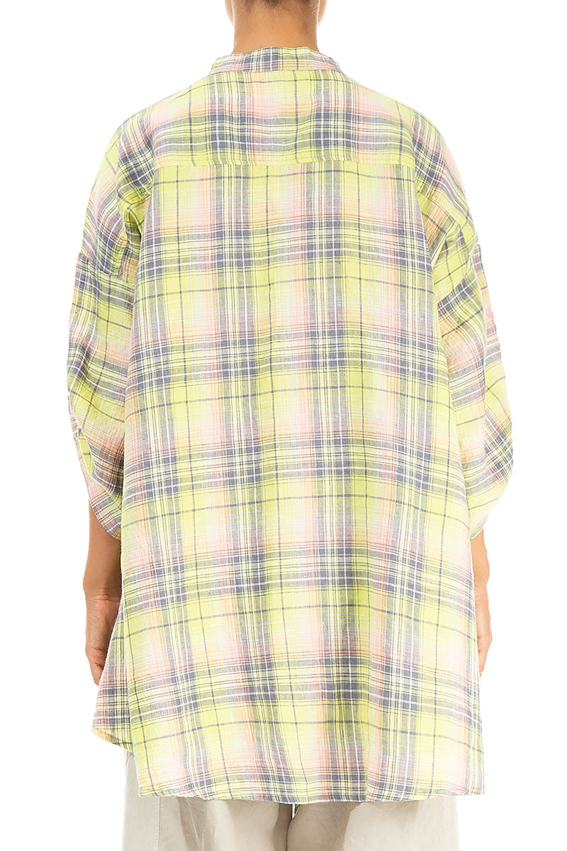 Adjustable Sleeves Checkered Lime Linen Shirt 2