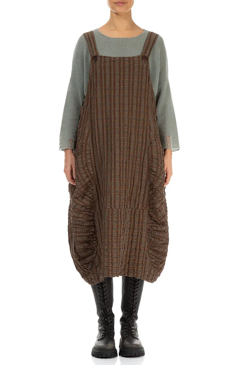 Aged Copper Checkered Linen Cotton Pinafore Dress