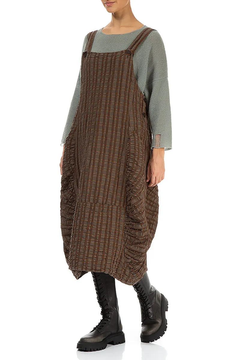 Aged Copper Checkered Linen Cotton Pinafore Dress
