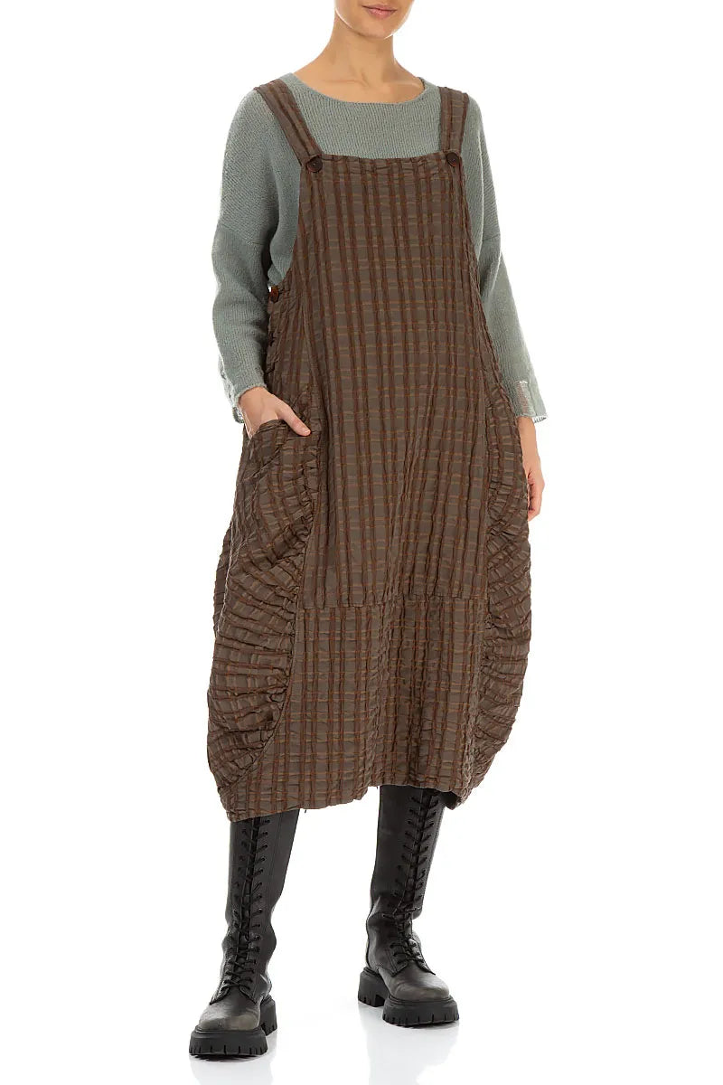 Aged Copper Checkered Linen Cotton Pinafore Dress