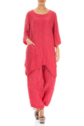 Asymmetric Crinkled Raspberry Silk Linen Tunic 4