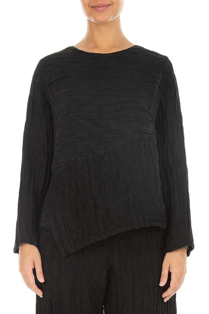 Asymmetric Black Crinkled Silk Linen Blouse 1