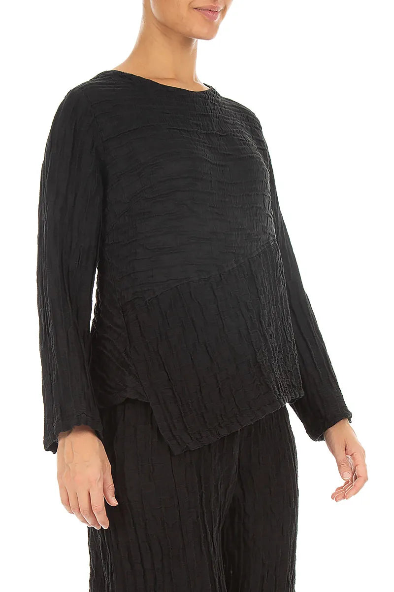 Asymmetric Black Crinkled Silk Linen Blouse 3