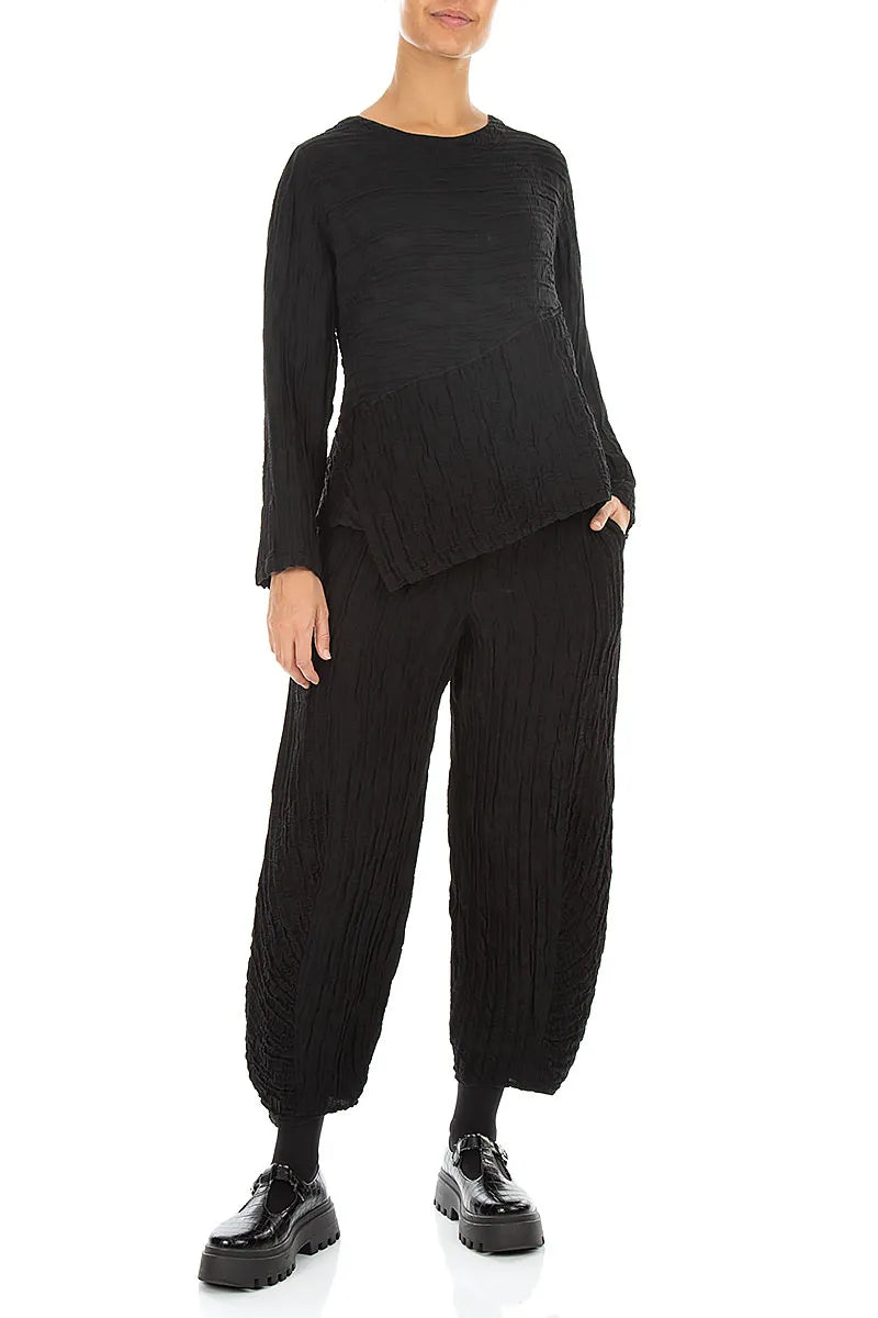 Asymmetric Black Crinkled Silk Linen Blouse 4