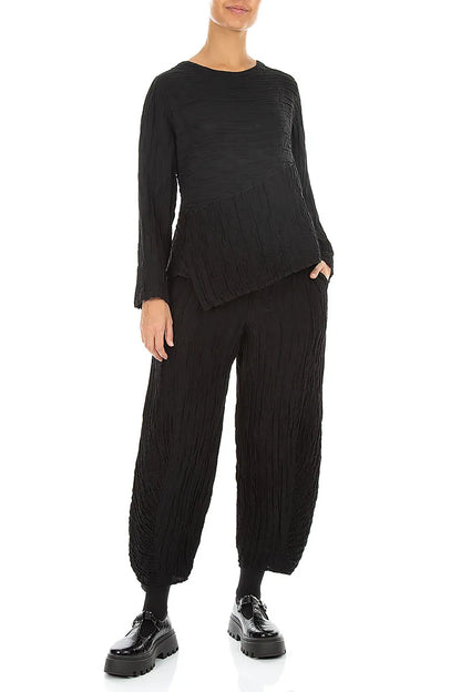 Asymmetric Black Crinkled Silk Linen Blouse 4