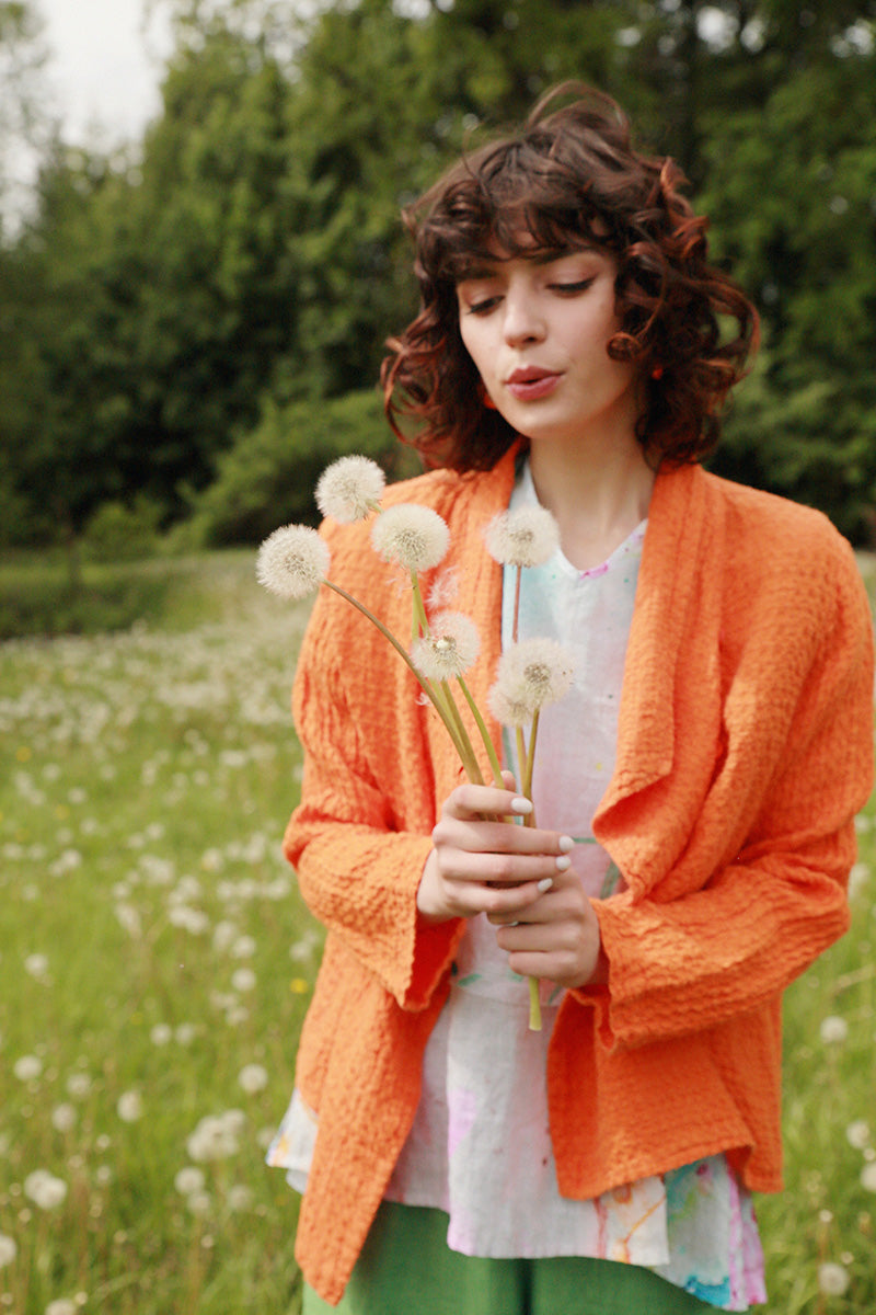 Asymmetric Closure Neon Orange Linen Jacket 7