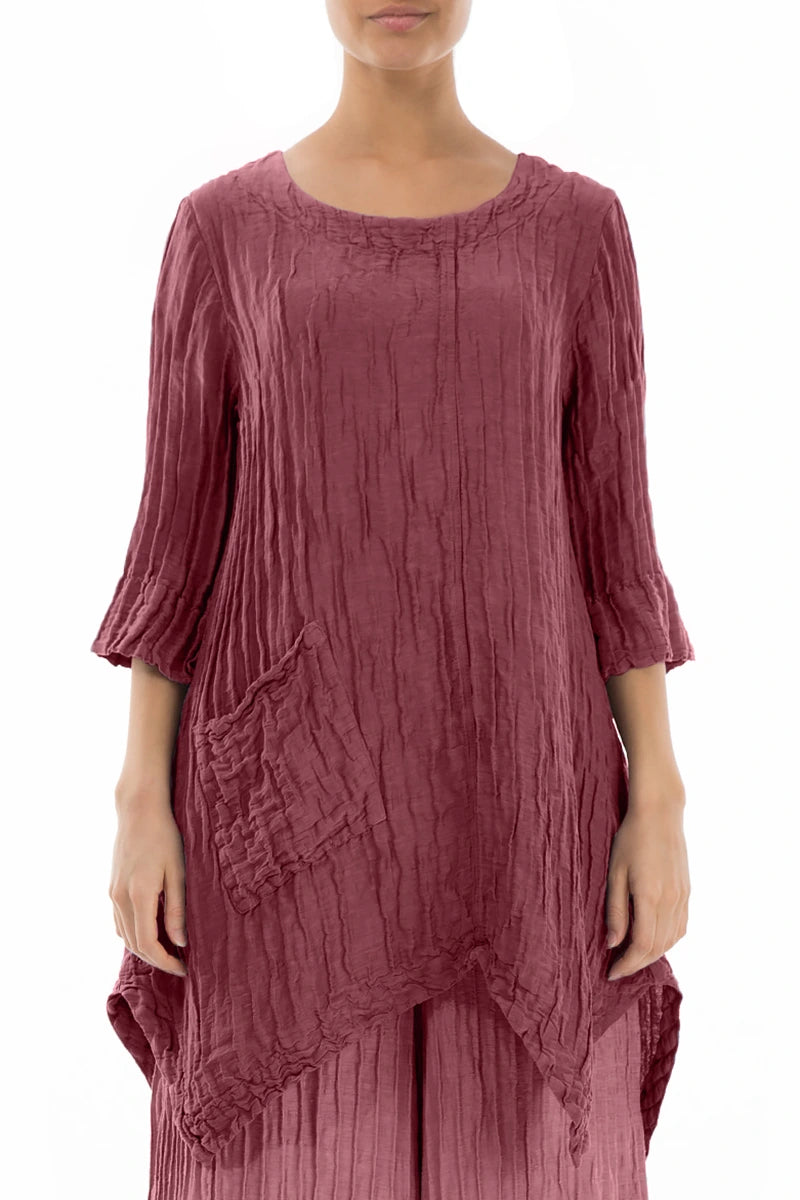 Asymmetric Crinkled Antique Ruby Silk Linen Tunic 1