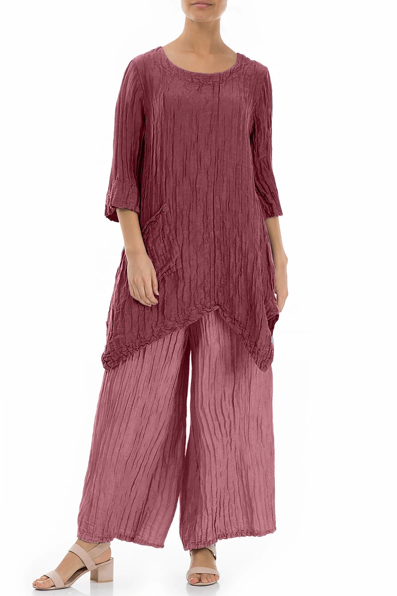 Asymmetric Crinkled Antique Ruby Silk Linen Tunic 4
