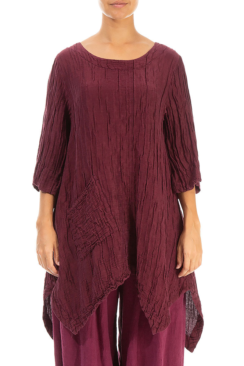 Asymmetric Crinkled Burgundy Silk Linen Tunic 1