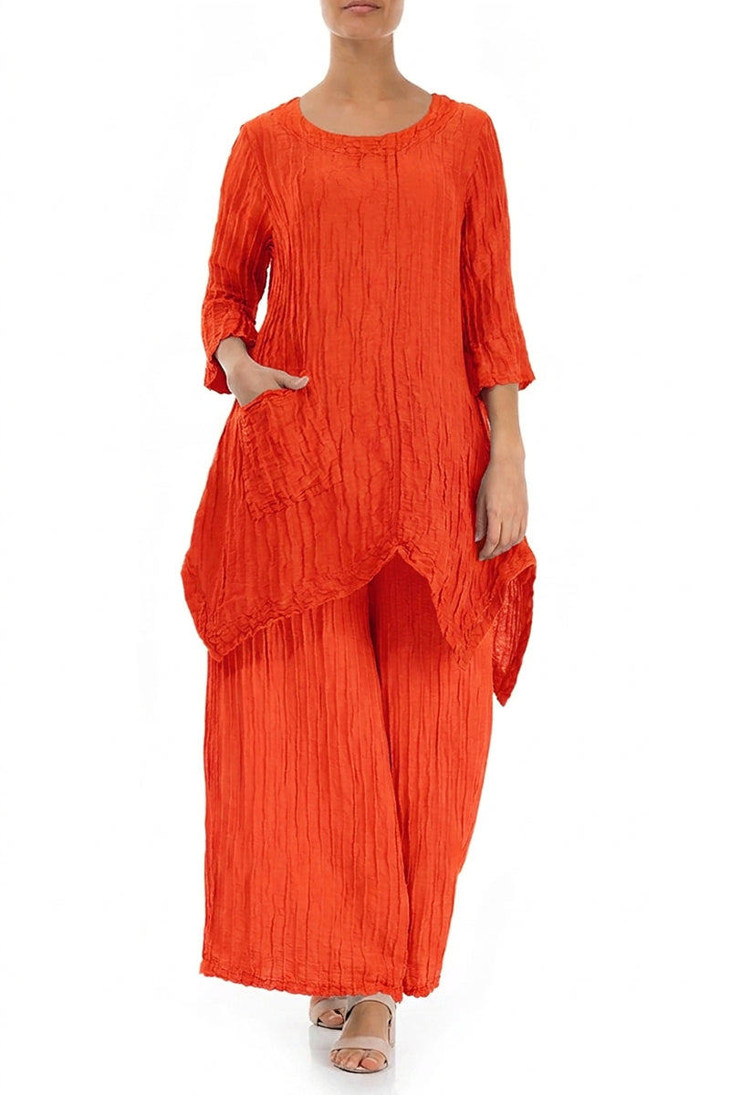 Asymmetrische gekreppte Tunika aus flammenoranger Seidenleinenmischung